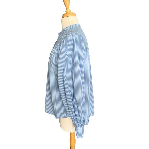 Old Navy Puff Sleeve Striped Henley Shirt Blue Stripe Boho Peasant Size Medium - Picture 5 of 12